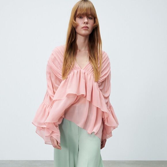 ZARA BOHO RUFFLED VOLUMINOUS SHIRT - Picture 8 of 10